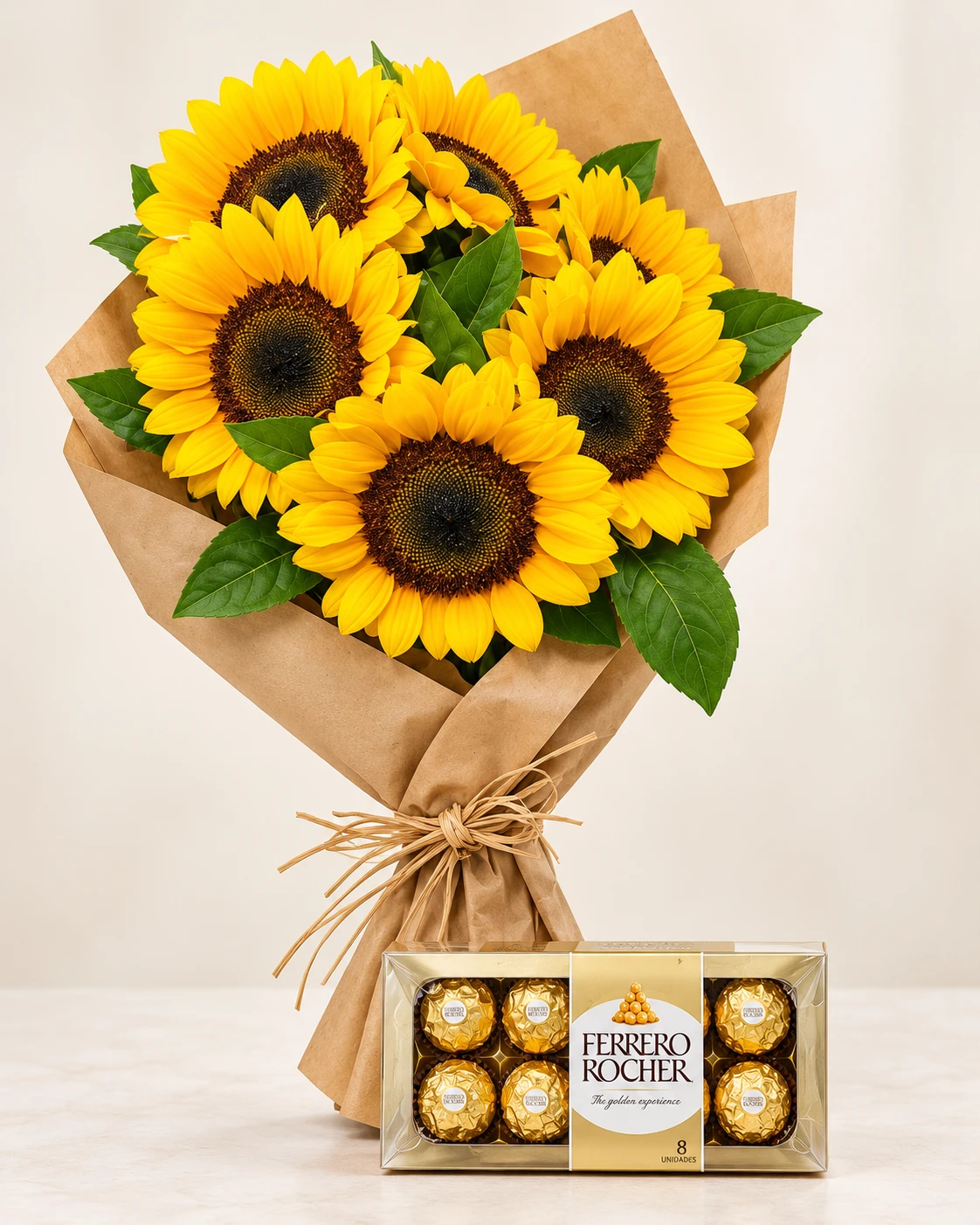 Amor de Girassóis, com seis girassóis e chocolates