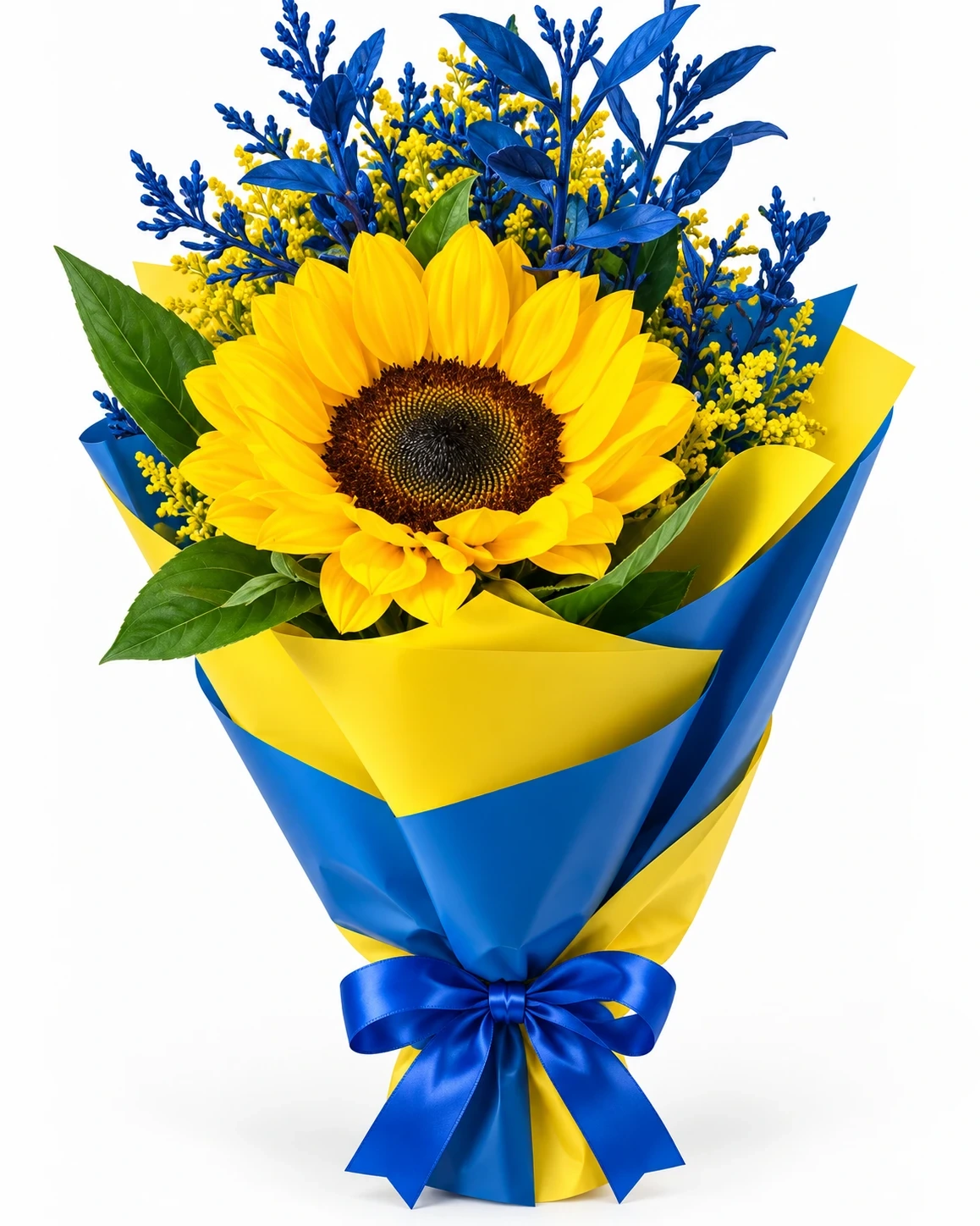 Buquê Van Gogh, com girassol e embalagem azul e amarela