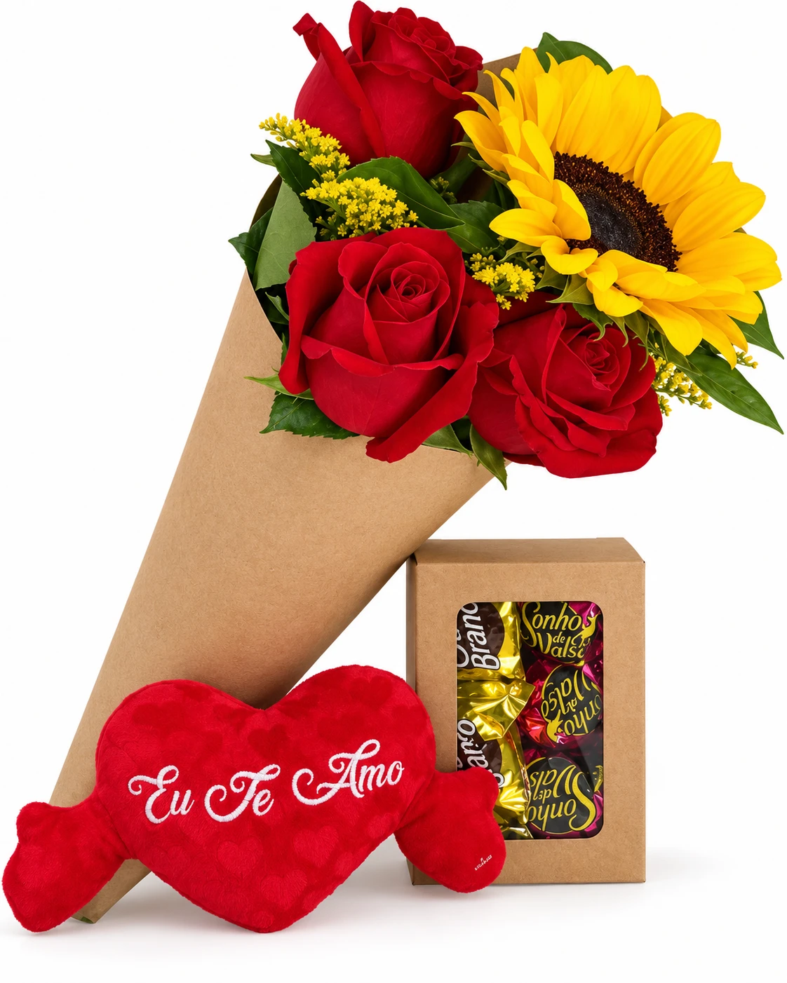 Cone Amor Perfeito, com rosas, girassol e chocolates