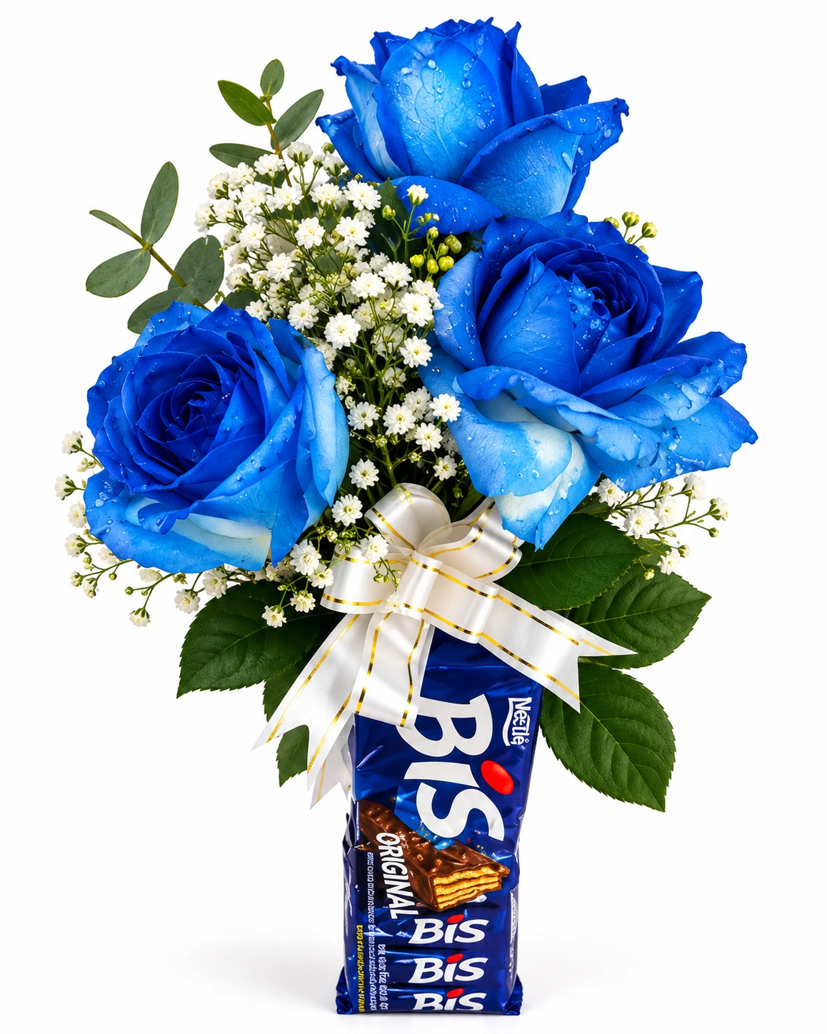 Doce Encanto Azul, com rosas azuis e chocolate Bis